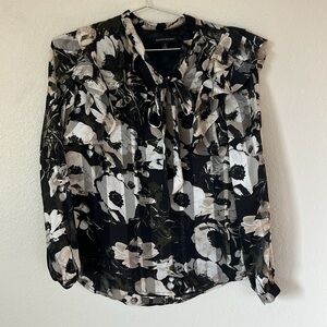 Floral Pattern Blouse with Ruffles and Tie Collar